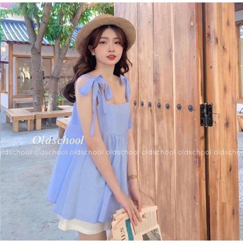 Sét áo 2 dây buộc nơ bánh bèo và quần sooc trắng hàn quốc