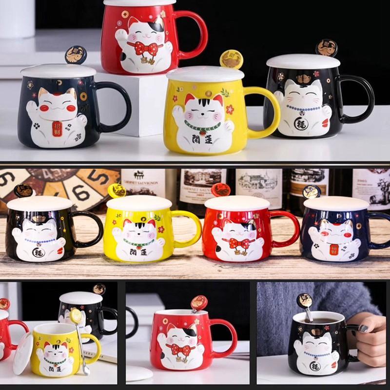 Cốc Sứ Uống Nước Mèo Thần Tài Chiêu May Mắn - Ly Uống Cafe Có Nắp , Văn Phòng, Quà Tặng Tân Gia