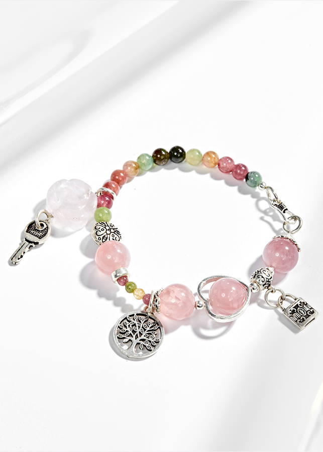 Vòng tay đá Tourmaline phối thạch anh hồng charm khóa Ngọc Quý Gemstones