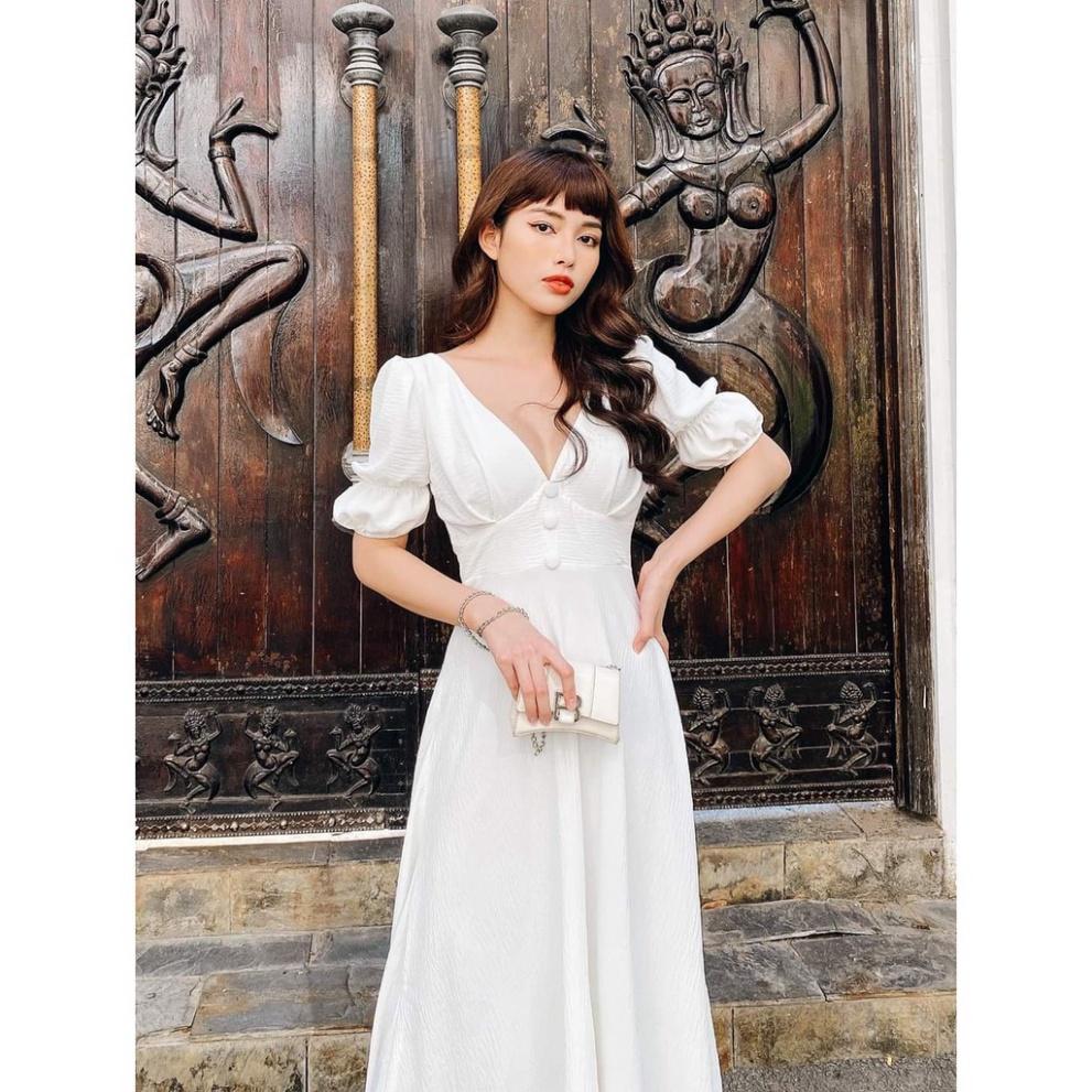 Đầm maxi trắng voan lụa mềm xòe dài cổ V tay phồng chiết eo tay ivy fashion đi biển dự tiệc dạo phố bigsize gợi cảm