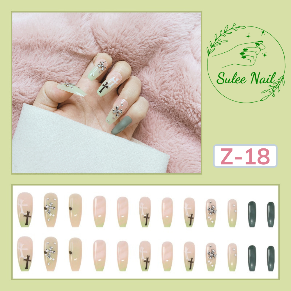 Bộ 24 móng tay xinh kèm phụ kiện charm đẹp hình thập tráng gương Sulee Nail kiểu thang