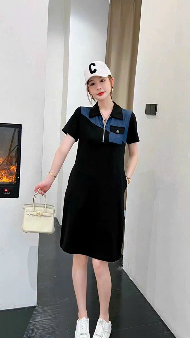 ĐẦM SUÔNG THUN PHỐI JEAN CỔ KHÓA CAO CẤP