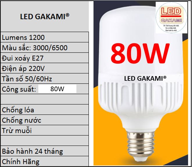 Bóng led trụ 80w siêu sáng, Led Gakami cao cấp