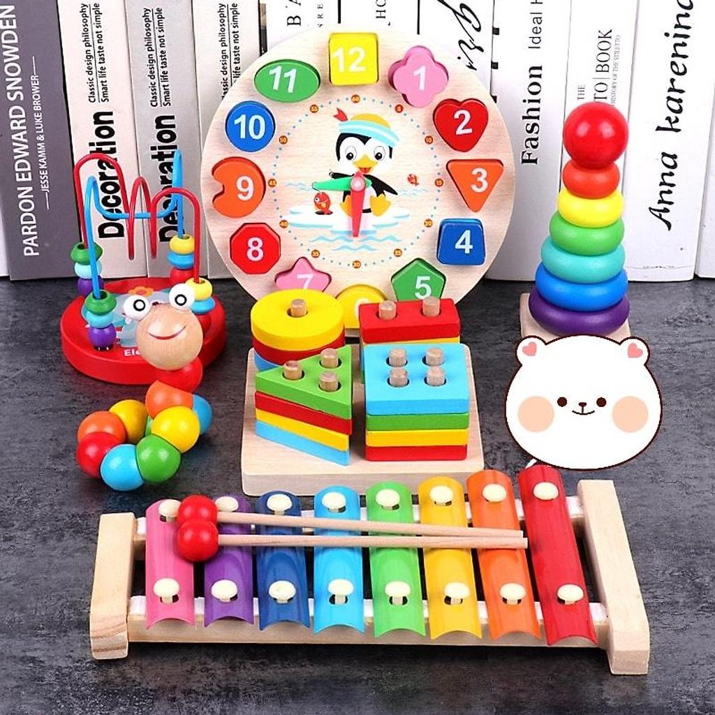 Đồ chơi gỗ thông minh phát triển trí tuệ cho bé, Combo 6 món đồ chơicho bé giáo cụ montessori