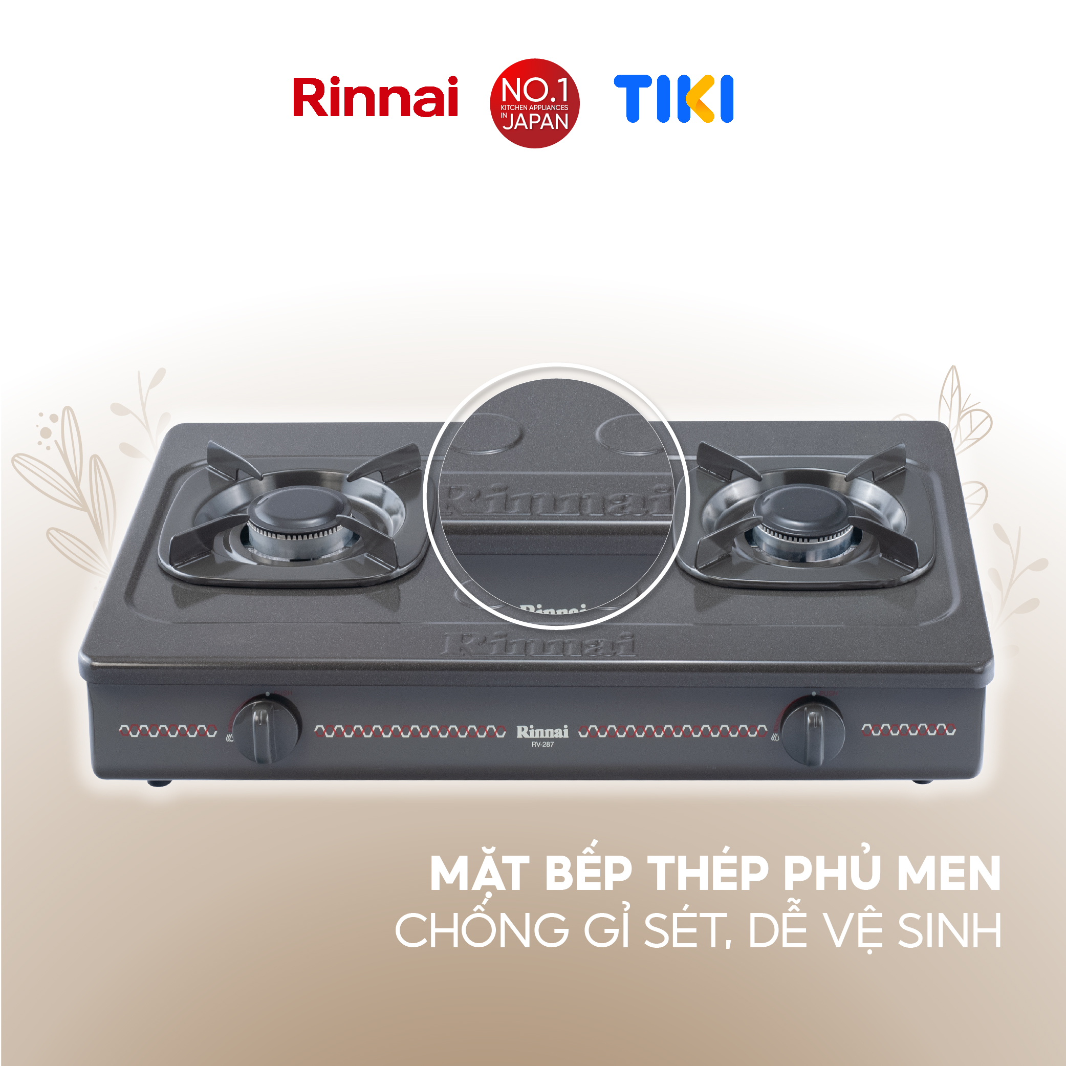 Bếp gas dương Rinnai RV-287(G)N mặt bếp men và kiềng bếp men - Hàng chính hãng.