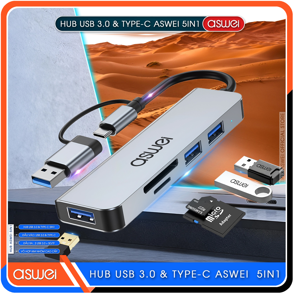 Hub Type C Và Hub USB ASWEI 5 in 1 To USB 3.0, SD, TF - Hàng Chính Hãng