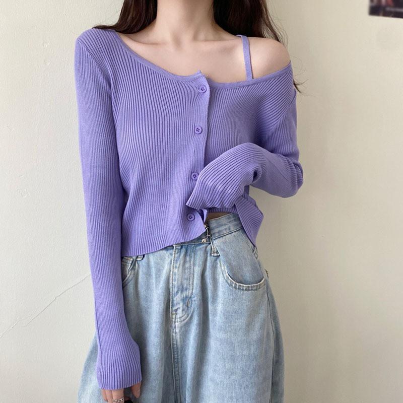 Áo Cardigan Dệt Kim Tay Dài Thiết Kế Lệch Vai Quyến Rũ Cho Nữ