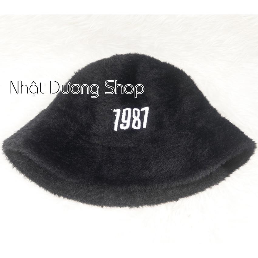 Nón Lông Thỏ Bucket Nữ Thời Trang Cao Câp, nón tai bèo vành cụp lông thỏ hàng quảng châu thêu số 1987