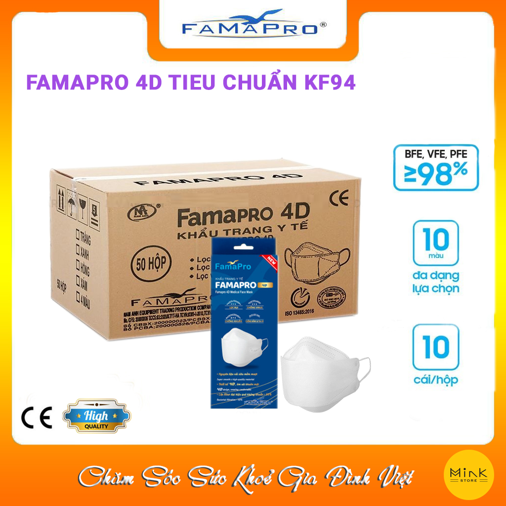 [THÙNG - FAMAPRO 4D] - Khẩu trang y tế kháng khuẩn cao cấp Famapro 4D tiêu chuẩn KF94 (500 cái/ thùng)