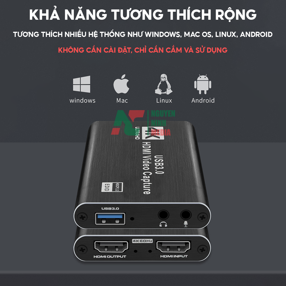 Bộ Chuyển HDMI to USB 3.0 Video Capture Card 1080P 60FPS Tích Hợp Cổng Micro và Cổng Tai Nghe - Hỗ Trợ Live Stream, Ghi Hình