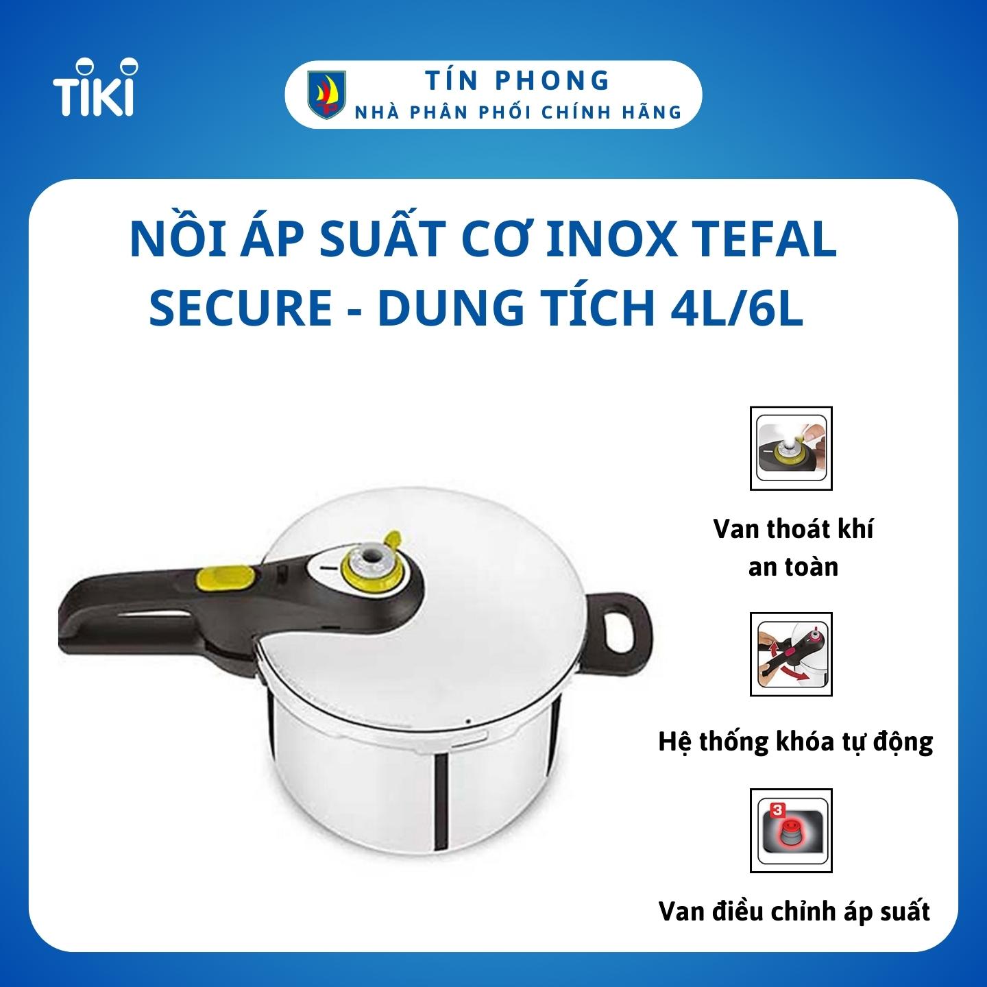 Nồi áp suất cơ inox Tefal Secure - Dung tích 4L/6L - Hệ thống khóa và van xả an toàn - Tay cầm bằng nhựa cách nhiệt - Hàng chính hãng