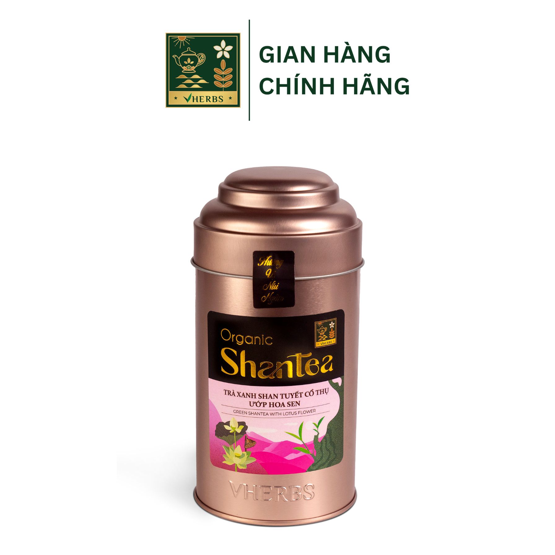 Trà Xanh Shan Tuyết Cổ Thụ Ướp Hoa Sen VHERBS Hộp 90G - Giúp An Thần, Ích Thận, Giảm Mỡ Máu, Đẹp Da, Chống Oxy Hóa