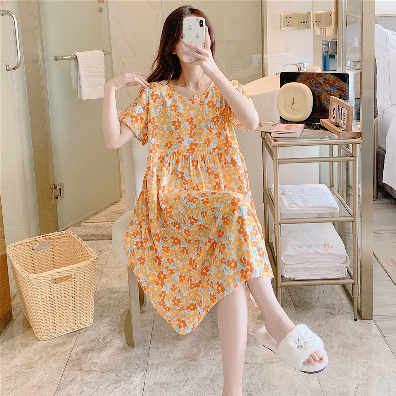 Váy ngủ ngắn tay vải Cotton lụa thoáng mát mềm mại, đầm mặc nhà freesize xếp tầng trẻ trung mã VAV0266