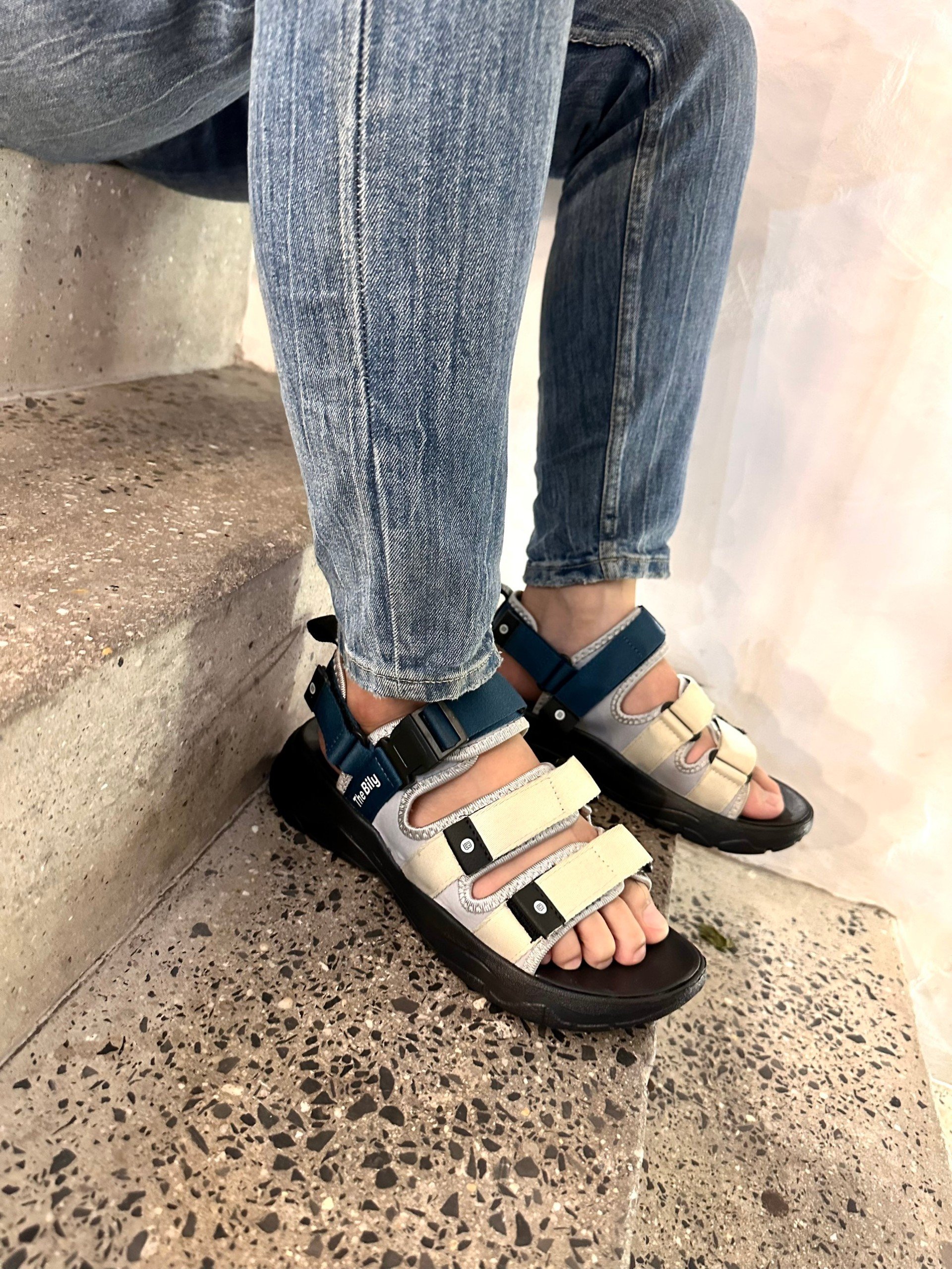 Giày Sandal Nam Nữ Unisex The BiLy Quai Ngang Dây Dù Đế IP Siêu Êm Nhẹ Màu Xanh Kem-BL08