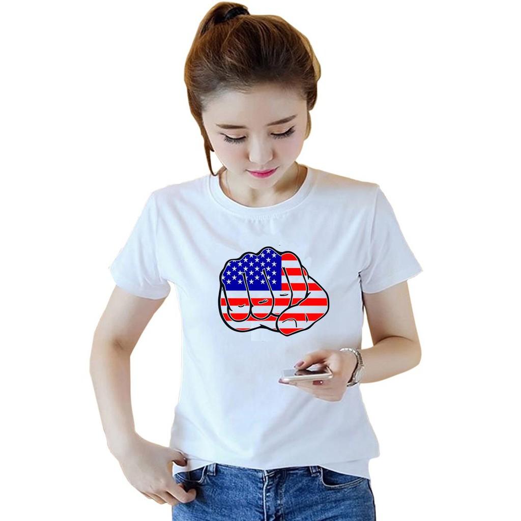 Áo thun nữ đẹp form rộng Hàn Quốc nắm đấm cờ mỹ vải dày mịn