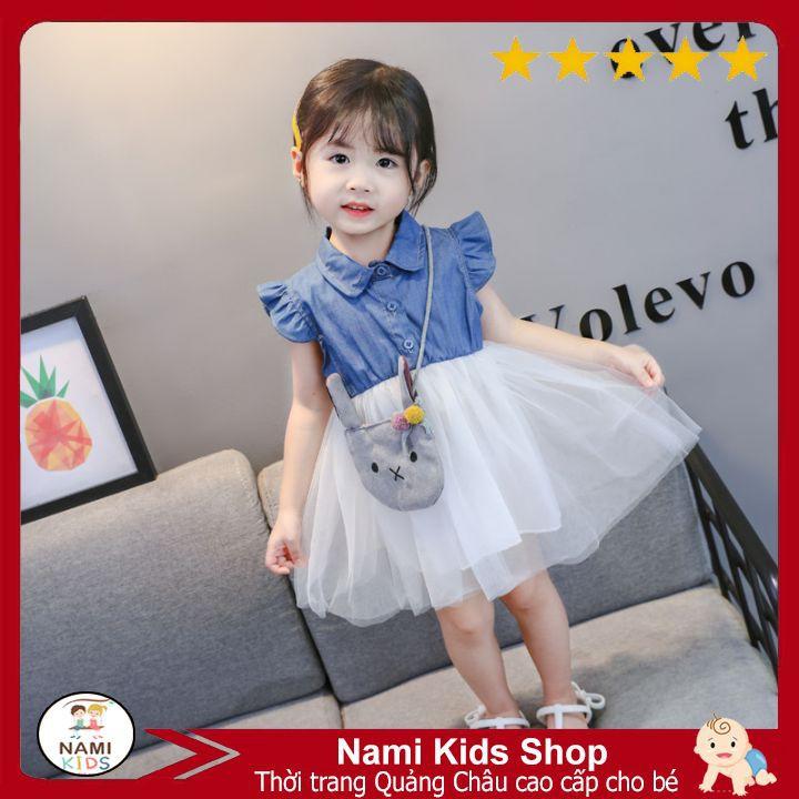 [300:H9] Váy bé gái chất denim phối voan tặng phụ kiện túi thỏ cute cho bé