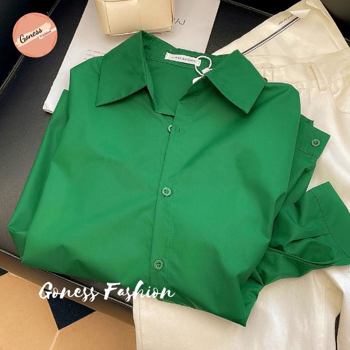 Áo sơ mi nữ Goness dài tay form rộng kiểu sơmi màu xanh trơn đẹp thời trang công sở đi học