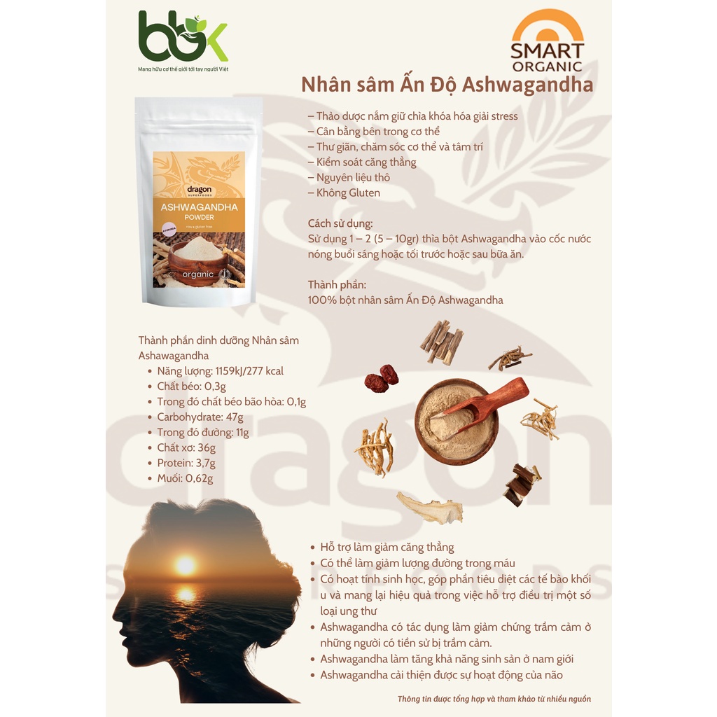 Nhân sâm Ấn Độ Ashwagandha hữu cơ 200gr