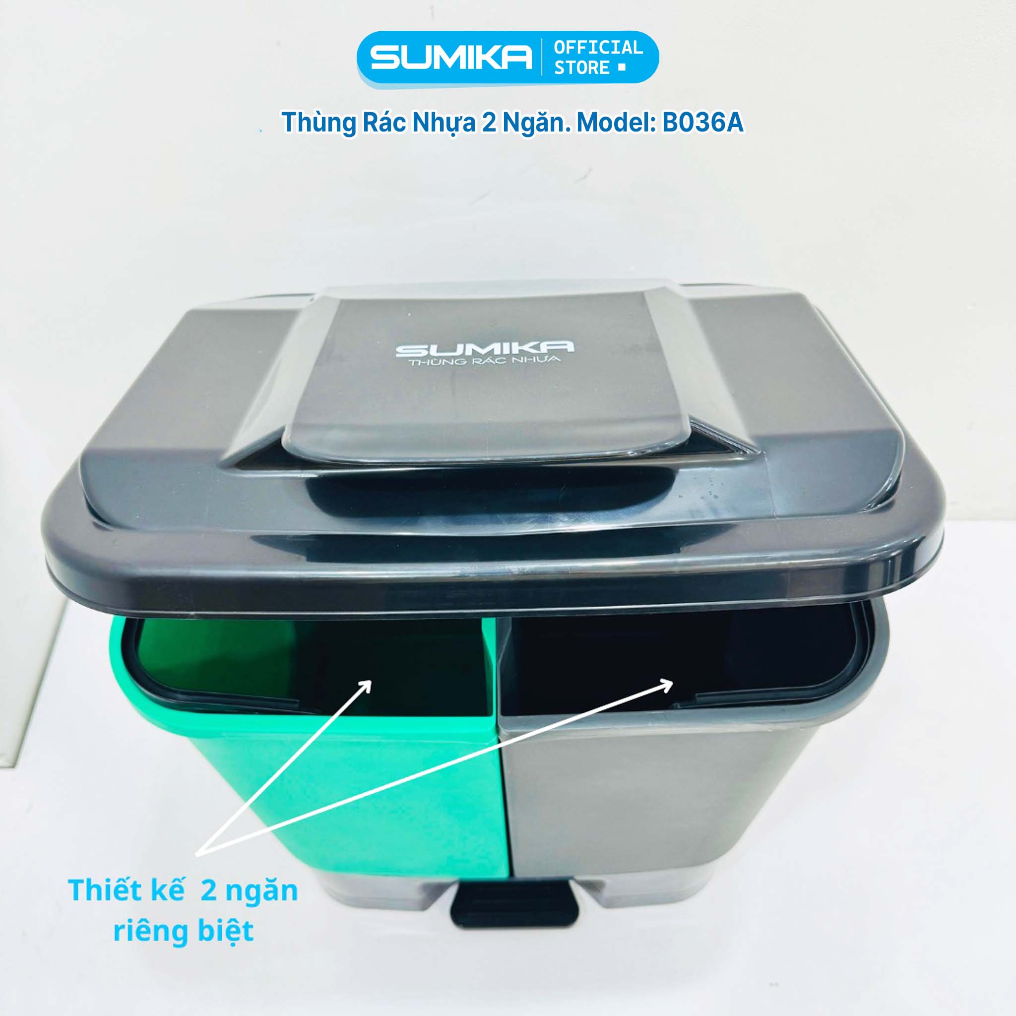 Thùng rác phân loại 2 ngăn SUMIKA B036A, dung tích 40L, nhựa nguyên sinh bền bỉ