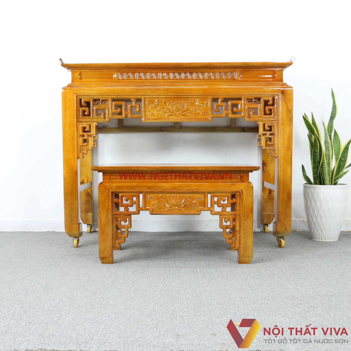 Án Gian Thờ Mẹ Bồng Con Gỗ Tràm Bông Vàng Chạm Sen Đẹp Giá Rẻ