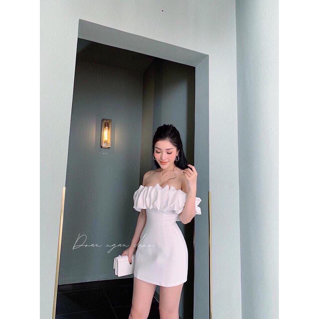 ĐẦM DỰ TIỆC,VÁY TRỄ VAI XẾP LY CÓ MÚT NGỰC