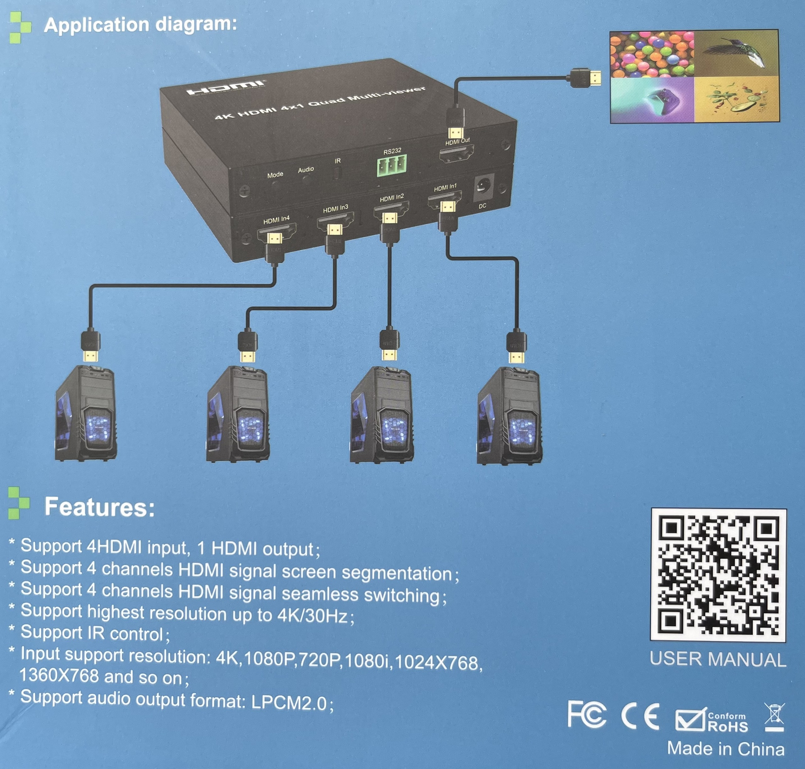 Bộ gộp HDMI 4 vào 1 ra 4K HO-LINK HL-7056A - Hàng Chính Hãng