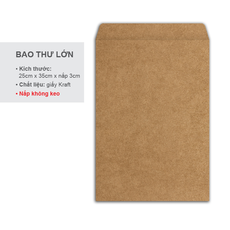 BAO THƯ GIẤY KRAFT A4 - 25X35CM - LOẠI TỐT (GIẤY DÀY) - 100 CÁI/ XẤP - NẮP KHÔNG KEO