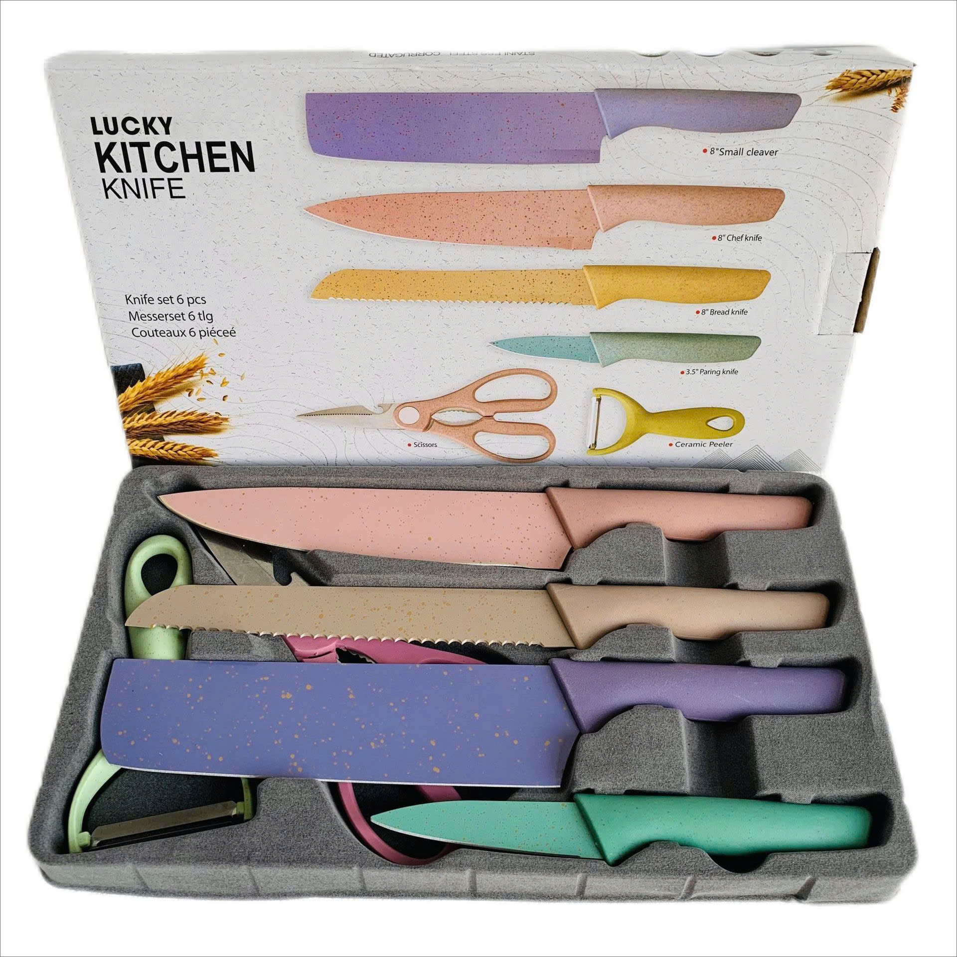 Bộ Dao Kéo Nhà Bếp Lúa Mạch 6 Món Kháng khuẩn Cao Cấp Fullbox, Lưỡi Thép Chống Gỉ Kitchen - Hàng Chính Hãng