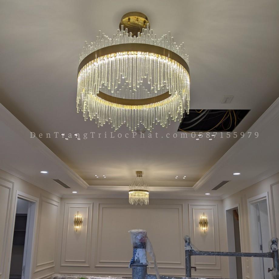 Đèn chùm, đèn chùm thả trần pha lê vương miện cao cấp 3 chế độ ánh sáng trang trí phòng khách, thả bàn ăn