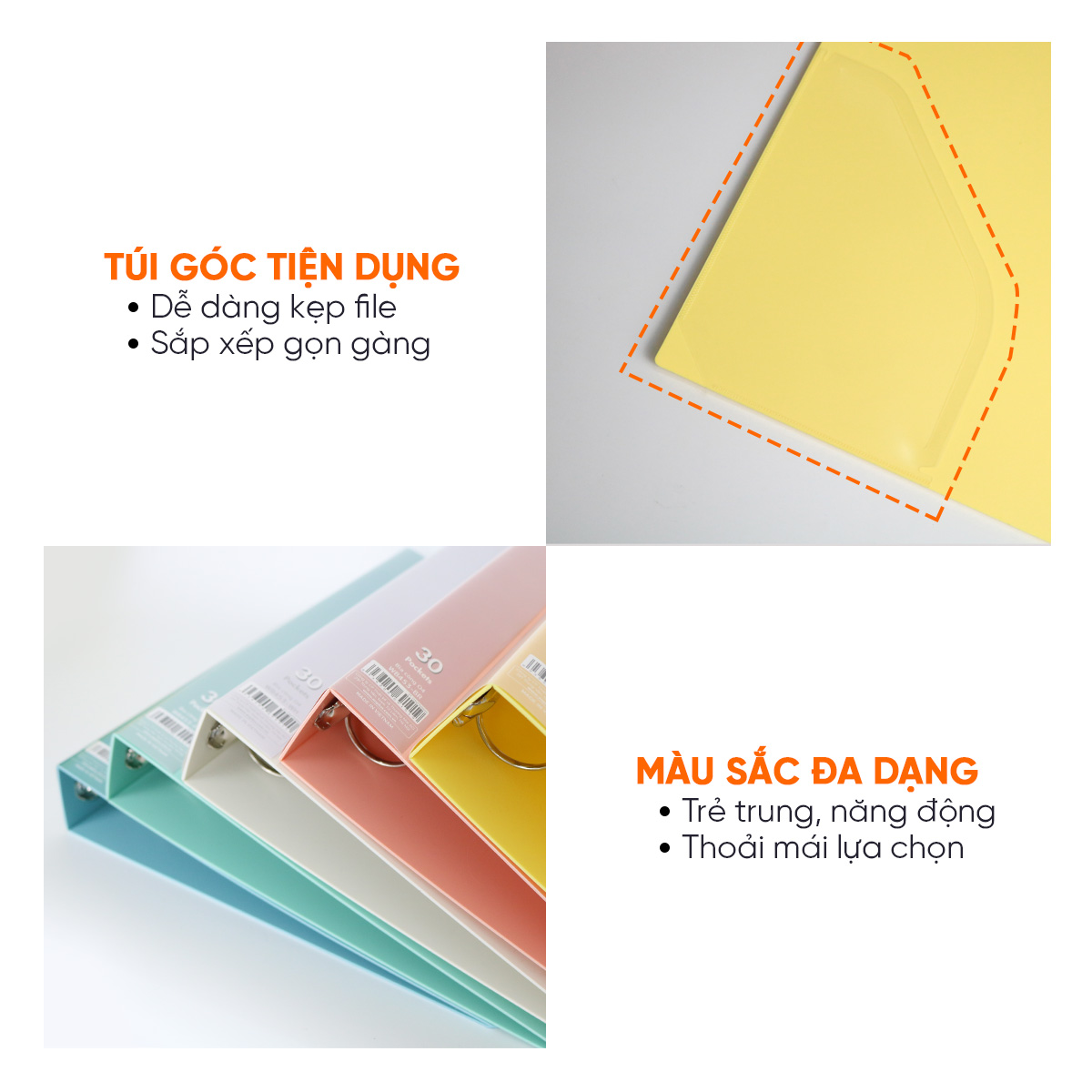 Bìa Còng O4 Switch ON AO+, Nhựa PP/ A4, 4 Nhẫn O, Kèm Bộ Phân Trang và Túi Sơ Mi Lỗ,