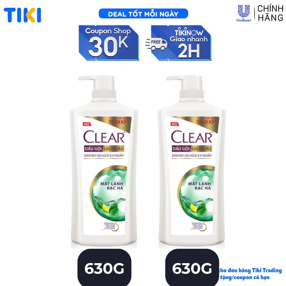 Combo 2 Dầu Gội Clear Sạch Gàu Dầu Gội Sạch Gàu Mát Lạnh Bạc Hà 3X Sức Mạnh Đánh Bay Gàu, Ngứa, Vi Khuẩn 630g