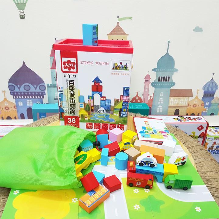 Mô hình đô thị- Đồ Chơi Gỗ Xếp Hình Giao Thông Thành Phố - Ghép hình sáng tạo- Có hộp thả khối
