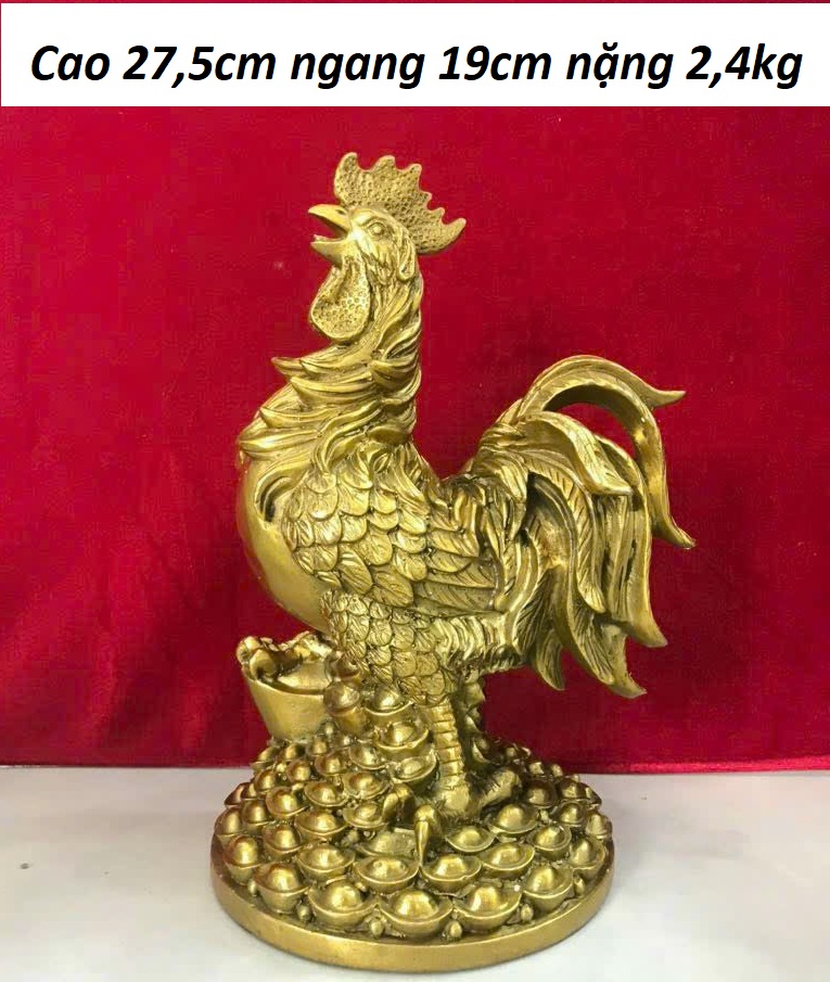 Tượng Gà phong thuỷ đứng mâm vàng bằng đồng MS115