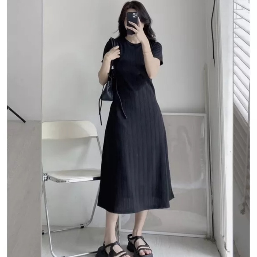 Vây thun len midi hoạ tiết xương cá váy thun basic