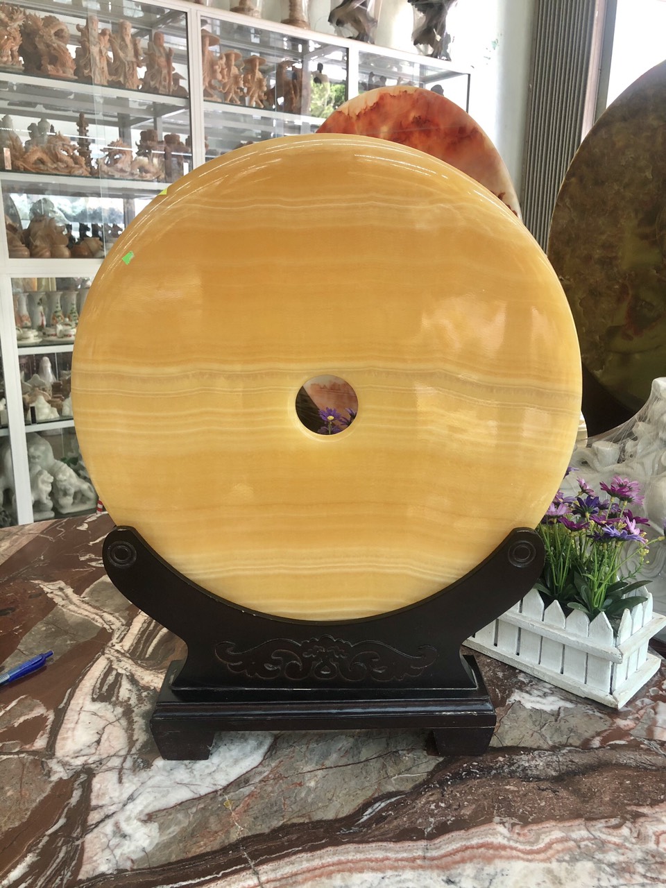 Đồng điếu  phong thủy đá ngọc hoàng long - Đường kính 42 cm