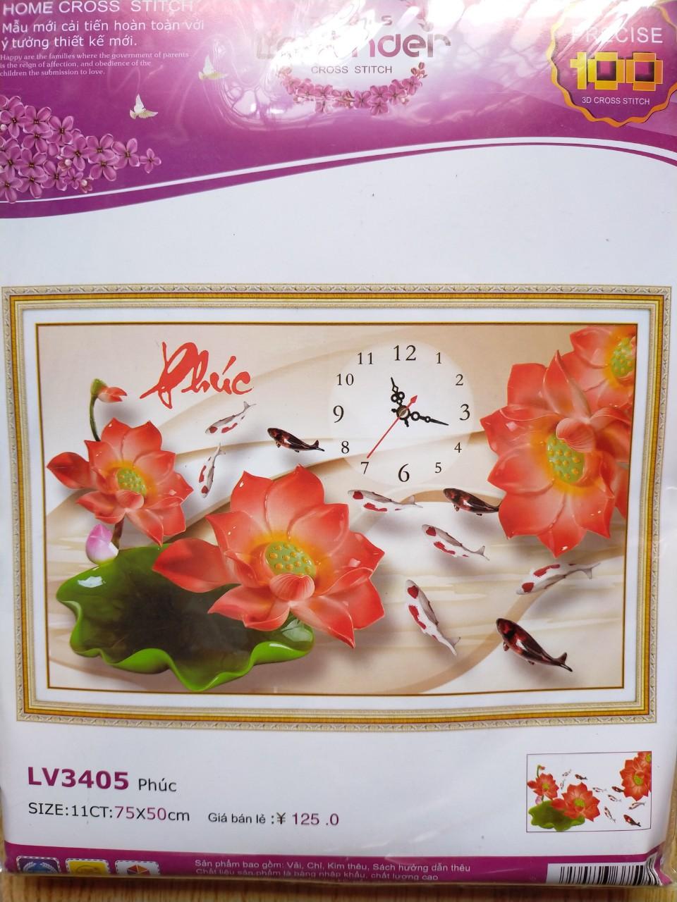 Tranh thêu chữ thập đồng hồ phúc hoa sen LV3405 - 75 x 50 cm - chưa thêu