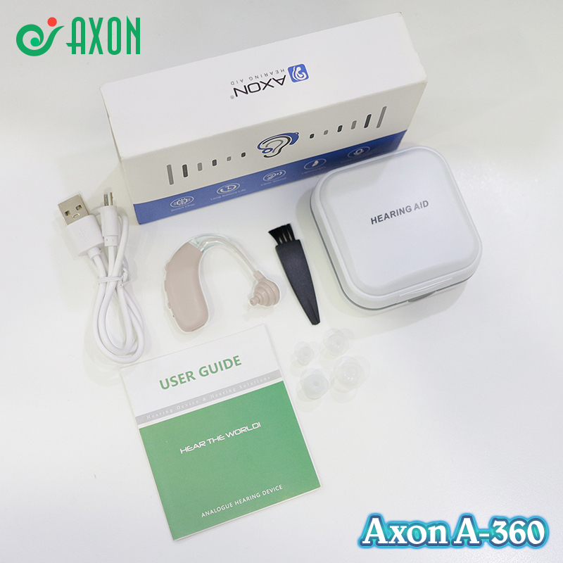 Máy trợ thính không dây pin sạc Axon A-360 - Kết nối Bluetooth, có bộ lọc tiếng ồn, tặng kèm hộp đựng máy