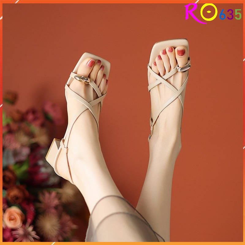 Giày sandal nữ cao gót 4 phân hàng hiệu rosata màu kem cao cấp thời trang ro635