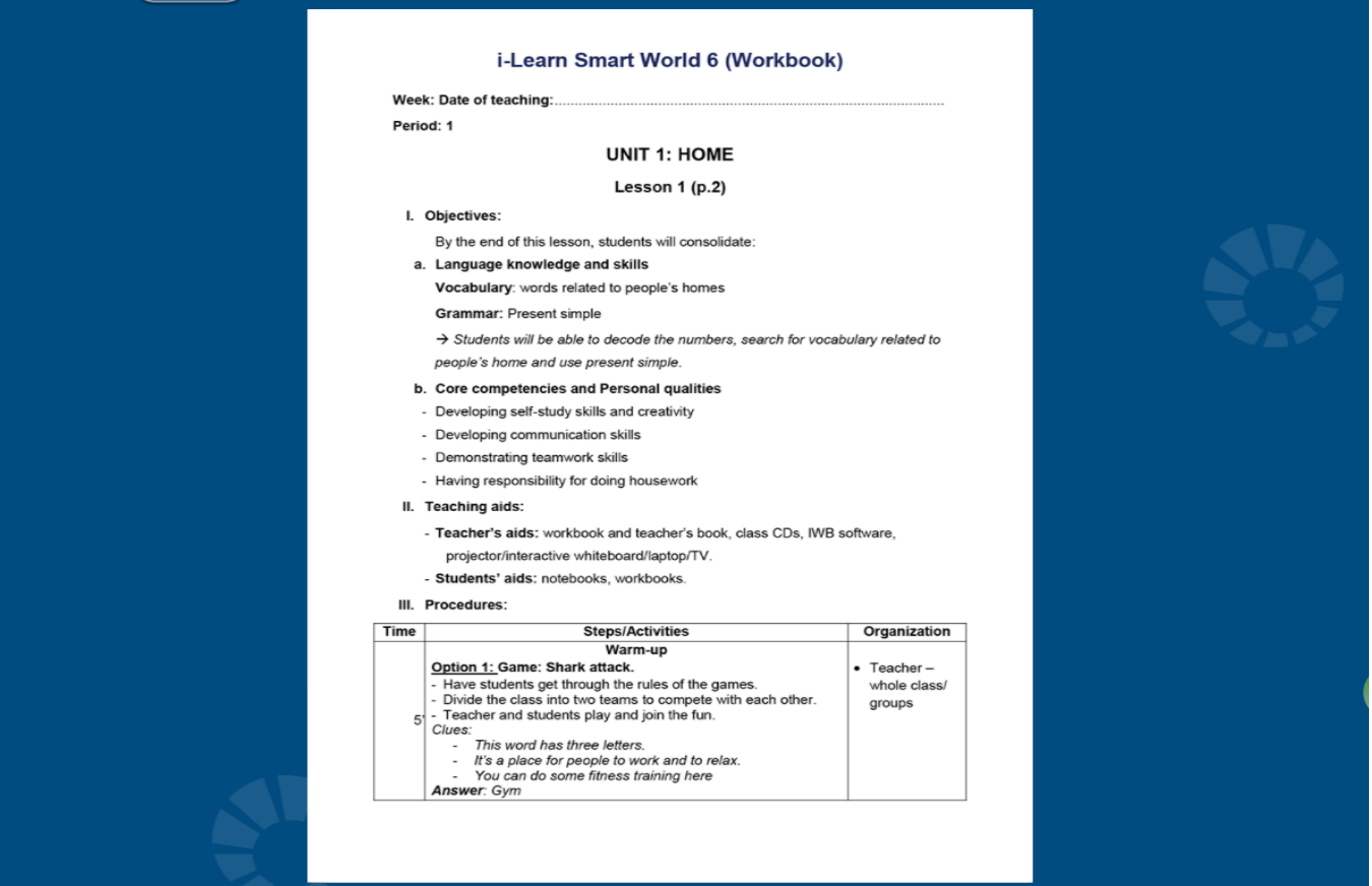 Tiếng Anh 6 i-Learn Smart World Giáo án gợi ý Sách bài tập