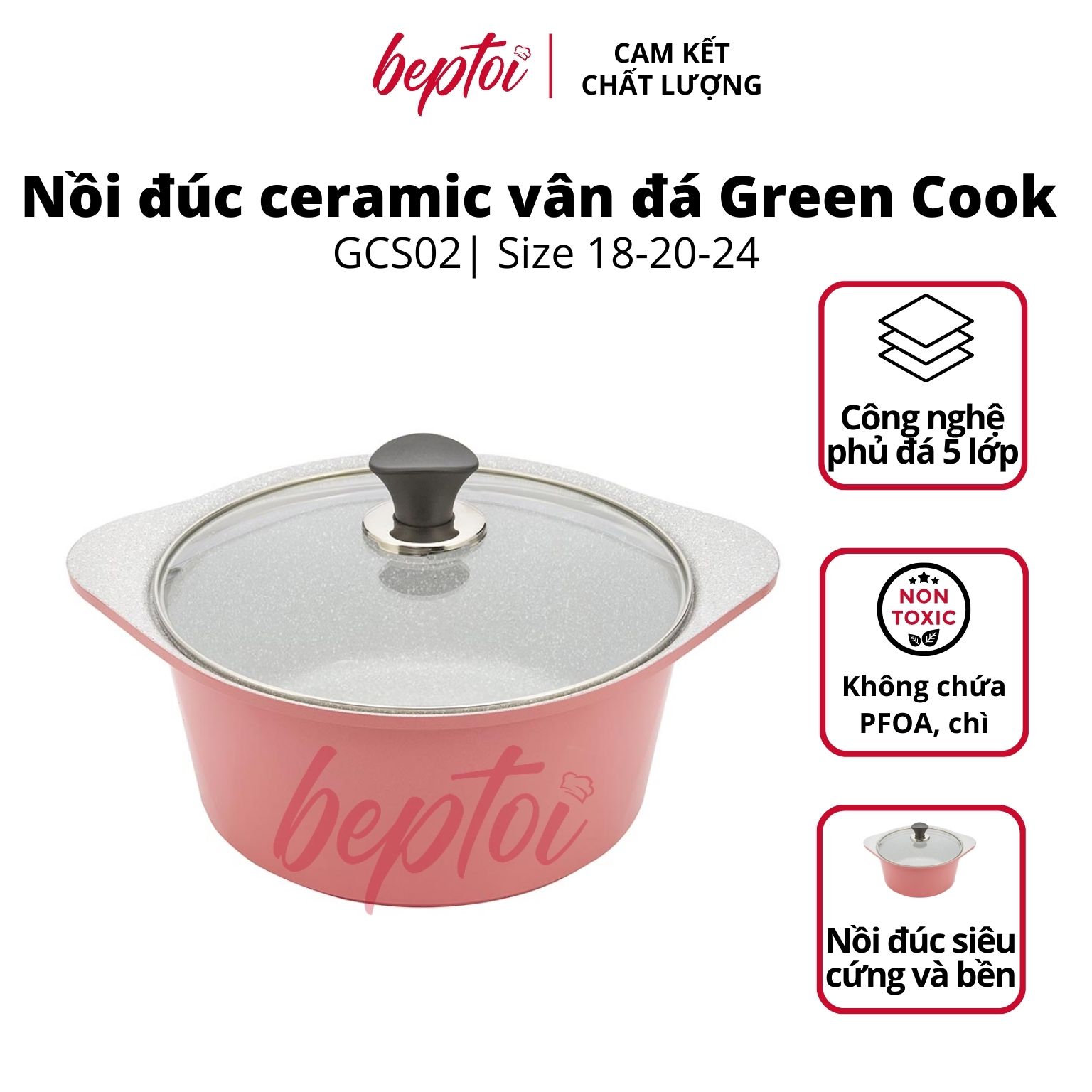 Nồi đúc chống dính Ceramic vân đá đáy từ Green Cook GCS02 Hồng Pastel 