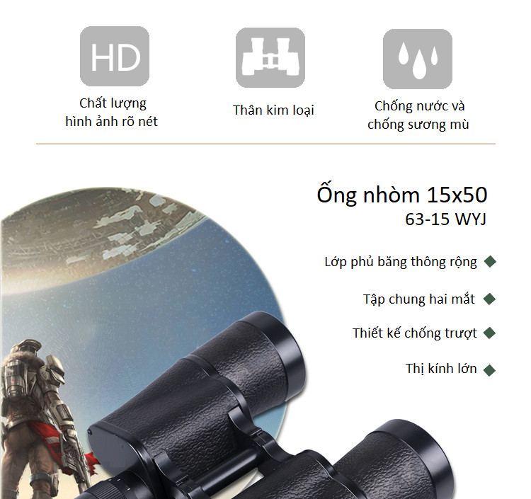 Ống nhòm du lịch hai mắt ( độ phóng đại lên đến 15 lần, đường kính vật kính là 50mm, hệ lăng kính BAK4 ) - Tặng kèm bộ 100 miếng dán hình ngôi sao