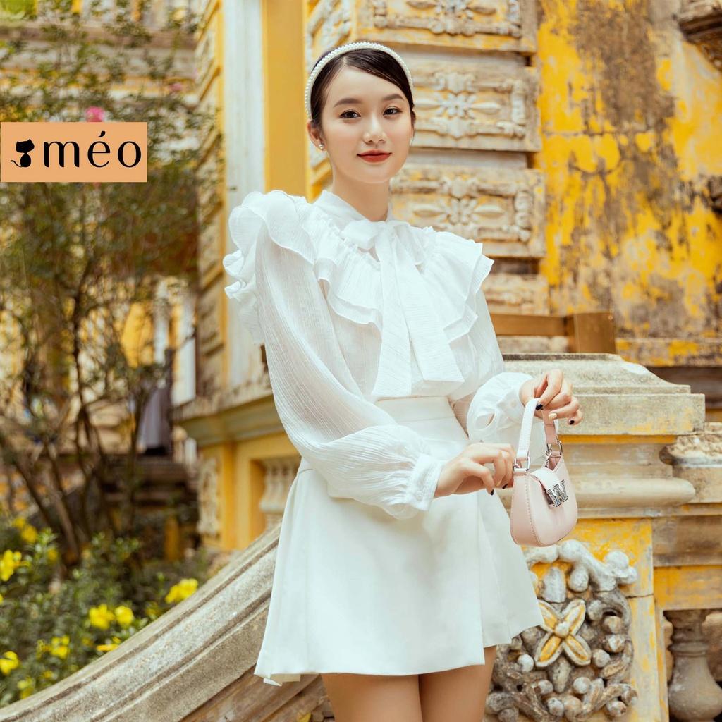 Áo kiểu Méo shop dài tay cổ nơ tay bồng nhún dáng xuông phong cách Hàn Simon