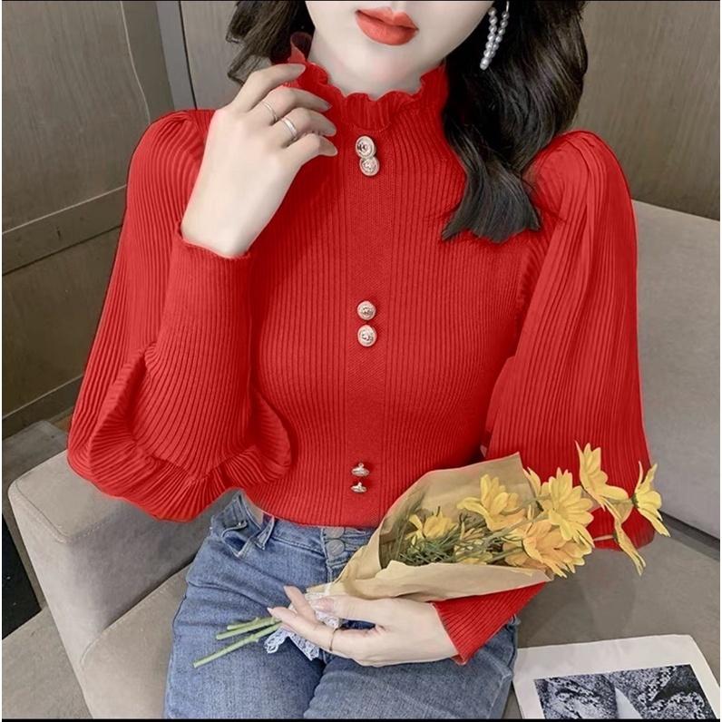 ÁO LEN NỮ CỔ LỌ TAY BỒNG chất liệu len tăm dày mịn phối vải von lụa dập li đẹp s252