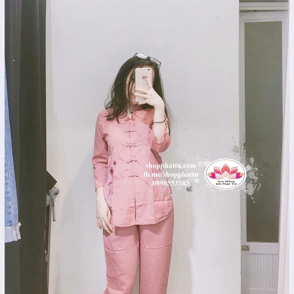 {ĐỦ MÀU}️Quần áo Phật tử áo lam đi chùa Pháp Phục nữ cao cấp mẫu cổ tàu thêu sen hàng loại 1
