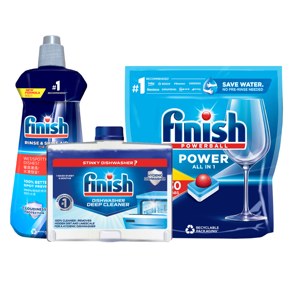 Combo Tiêu Chuẩn: 3 X Túi 30 Viên Nước Rửa Bát All In One Max + Nước Làm Bóng Rinse &amp; Shine Aid + Dung Dịch Tẩy Rửa Máy Rửa Chén Bát.