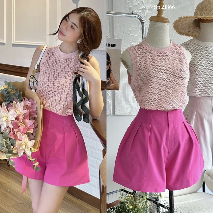 SET ÁO LƯỚI SÁT NÁCH MÀU PASTEL XUYÊN THẤU + QUẦN GIẢ VÁY NGẮN SHORTS ỐNG RỘNG LƯNG CAO ĐI CHƠI TIỆC DẠO PHỐ ĐI BIỂN ĐI LÀM CÔNG SỞ