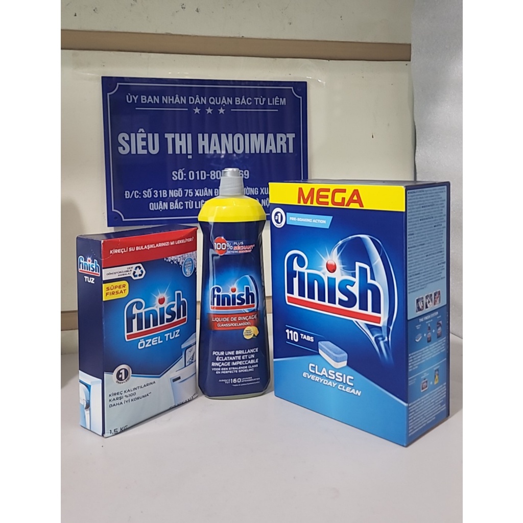 Combo Viên rửa bát Finish 100 tabs + Muối Finish 1.5kg + Nước làm bóng bát Finish 750ml