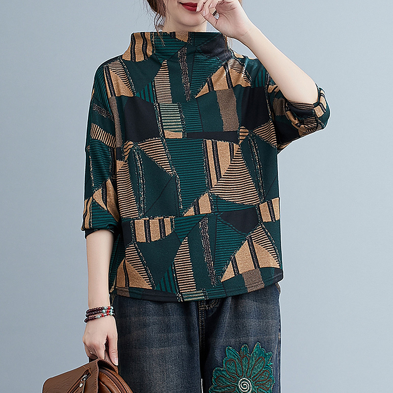Women Autumn T-Shirt Turtleneck Long Sleeves Sweaters Geometric Print Loose Fit Casual Pullover