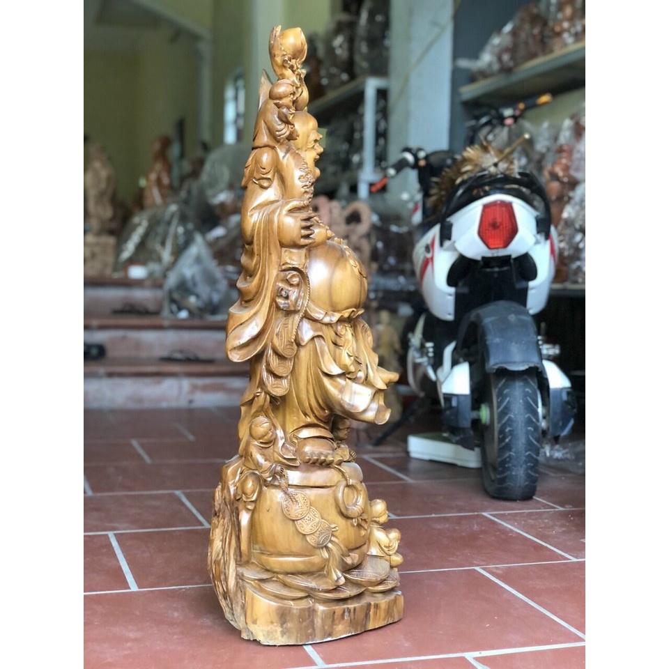 Tượng phật di lặc ngũ phúc gánh càng đào bằng gỗ bách xanh thơm nức kt 90×32×25cm