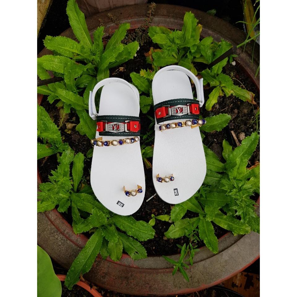 Dép sandals nữ đế trắng quai phối cườm đá size từ 34 đến 42